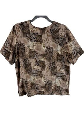 QUO-Silk Vintage 100% Silk Leopard Print Short Sleeve Crew Neck‎ Blouse Size S